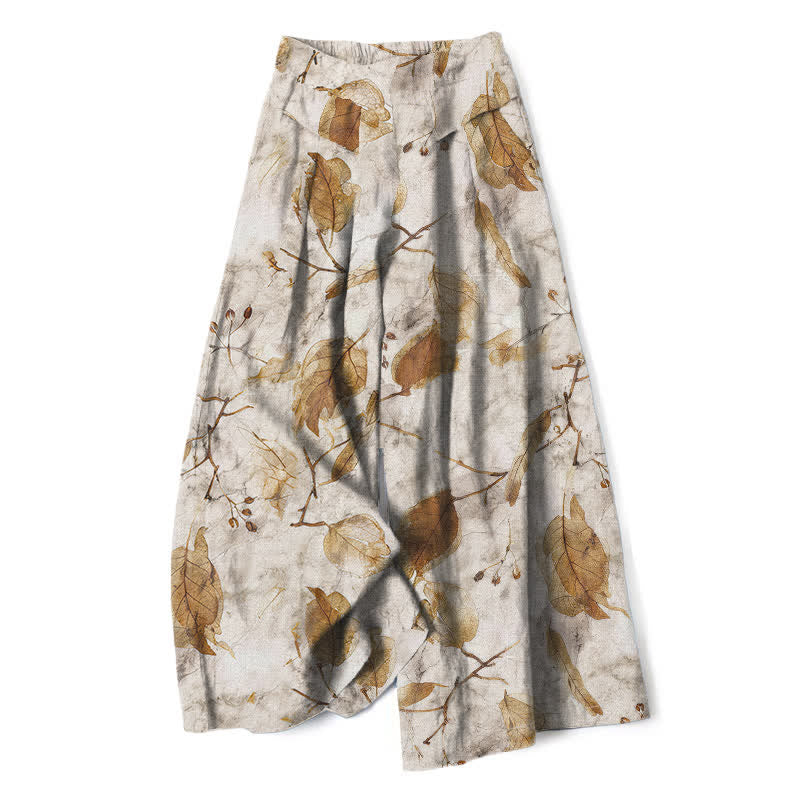 Buddha Stones Cotton Linen Botanical Leaf Pattern Women's Elastic Waist Wide Leg Pants With Pockets - Beige - US16，UK/AU20，EU48 (3XL) - image 0