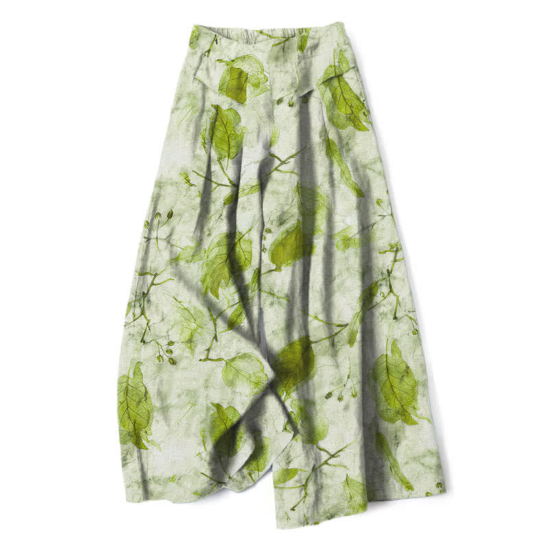Buddha Stones Cotton Linen Botanical Leaf Pattern Women's Elastic Waist Wide Leg Pants With Pockets - PaleGreen - US16，UK/AU20，EU48 (3XL) - image 4