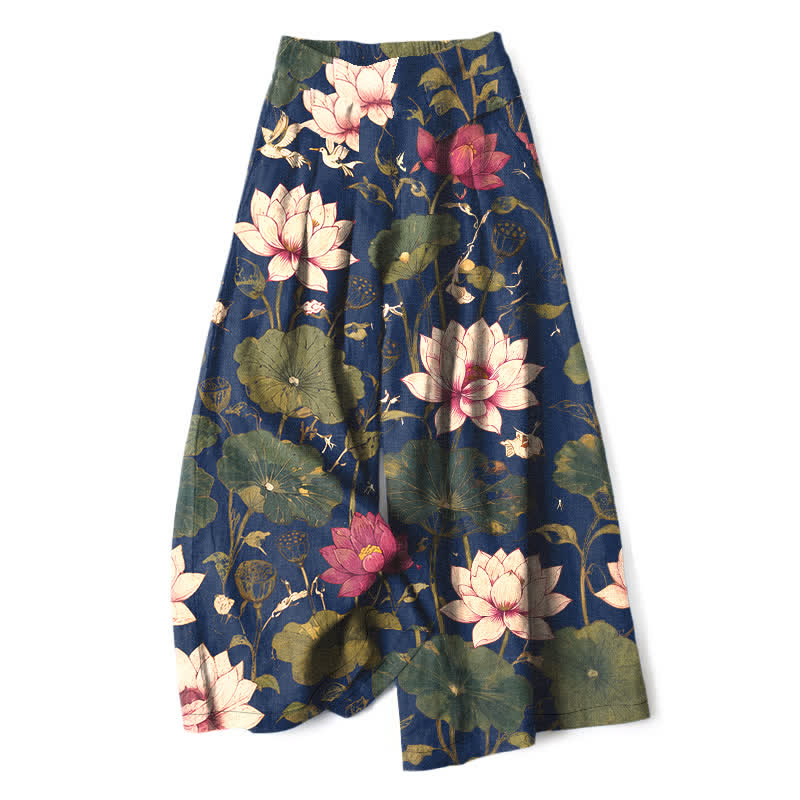 Buddha Stones Cotton Linen Tropical Lotus Bloom Pattern Women's Elastic Waist Wide Leg Pants With Pockets - Navy - US16，UK/AU20，EU48 (3XL) - image 6