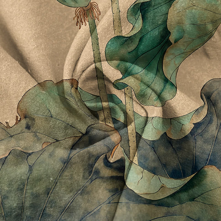 Buddha Stones Pure Cotton Crane Lotus Ink Pattern Women's Elastic Waist Pants With Pockets - image 2