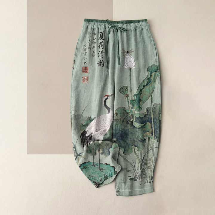 Buddha Stones Pure Cotton Crane Lotus Ink Pattern Women's Elastic Waist Pants With Pockets - DarkSeaGreen - US16，UK/AU20，EU48 (3XL) - image 3