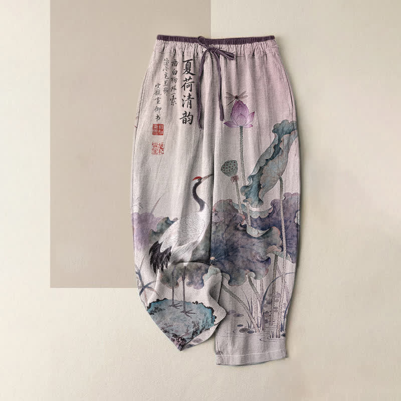 Buddha Stones Pure Cotton Crane Lotus Ink Pattern Women's Elastic Waist Pants With Pockets - Thistle - US16，UK/AU20，EU48 (3XL) - image 4