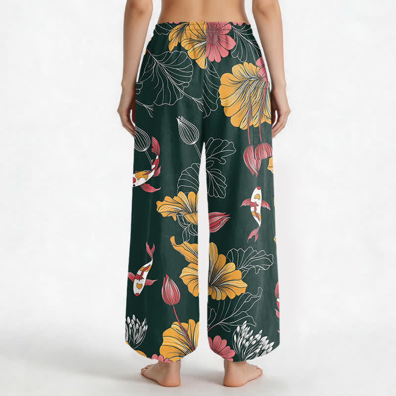 Buddha Stones Cotton Vintage Lotus Koi Floral Pattern Women's Elastic Waist Harem Pants With Side Pockets - image 2