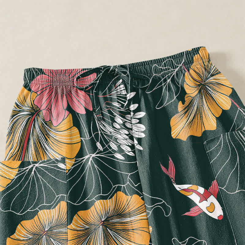 Buddha Stones Cotton Vintage Lotus Koi Floral Pattern Women's Elastic Waist Harem Pants With Side Pockets - image 5