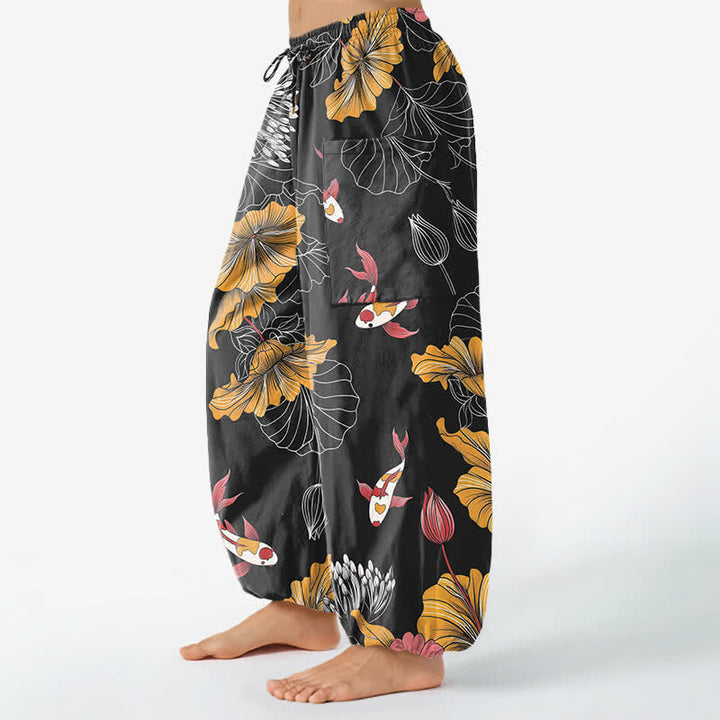Buddha Stones Cotton Vintage Lotus Koi Floral Pattern Women's Elastic Waist Harem Pants With Side Pockets - image 8