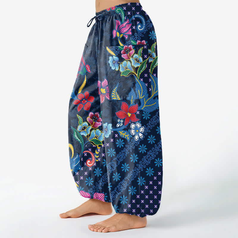 Buddha Stones Cotton Ethnic Bloom Geometric Pattern Women's Elastic Waist Harem Pants With Side Pockets - image 1
