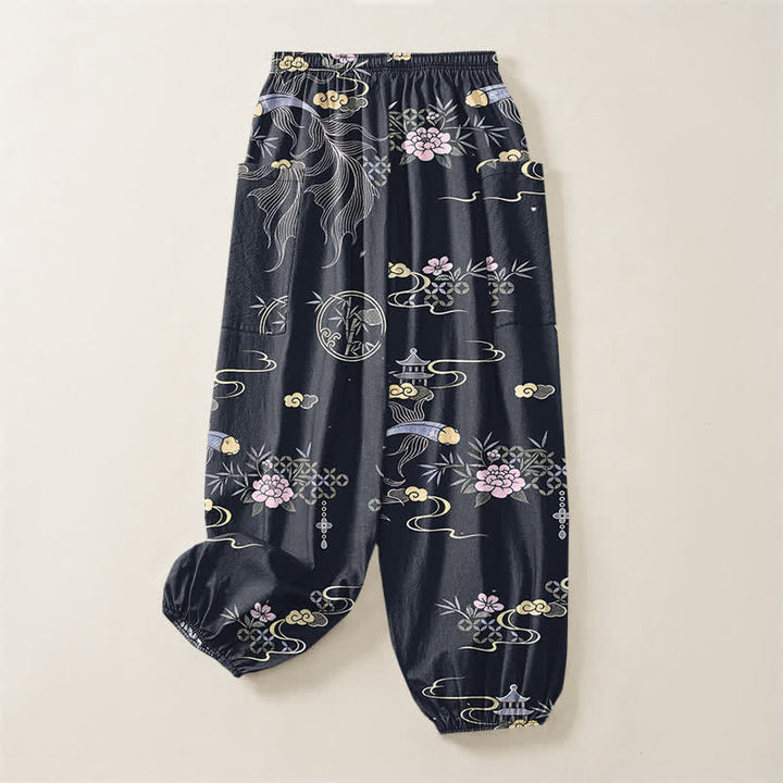Buddha Stones Cotton Koi Fish Bamboo Cloud Pattern Women's Elastic Waist Harem Pants With Side Pockets - image 4