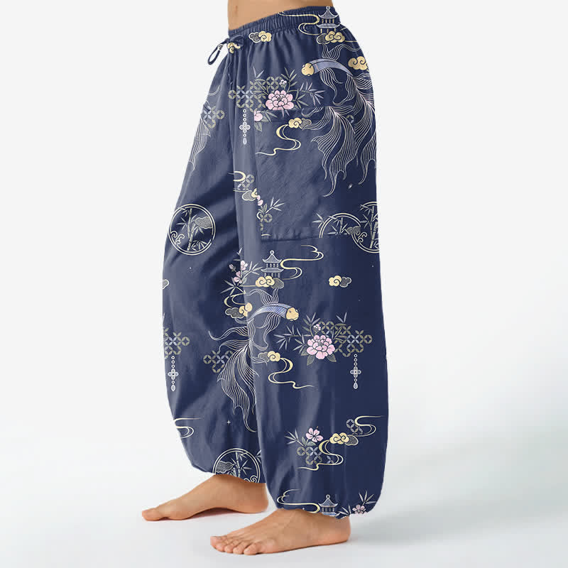 Buddha Stones Cotton Koi Fish Bamboo Cloud Pattern Women's Elastic Waist Harem Pants With Side Pockets - image 8
