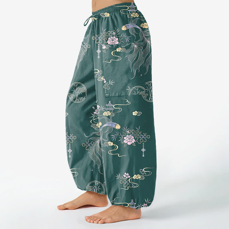 Buddha Stones Cotton Koi Fish Bamboo Cloud Pattern Women's Elastic Waist Harem Pants With Side Pockets - image 11