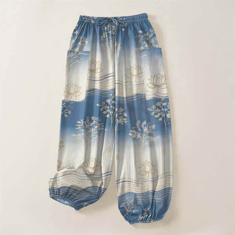 Buddha Stones Cotton Lotus Wave Pattern Women's Elastic Waist Harem Pants With Side Pockets - image 3
