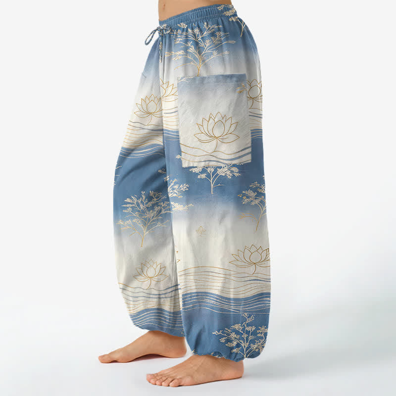 Buddha Stones Cotton Lotus Wave Pattern Women's Elastic Waist Harem Pants With Side Pockets - image 1