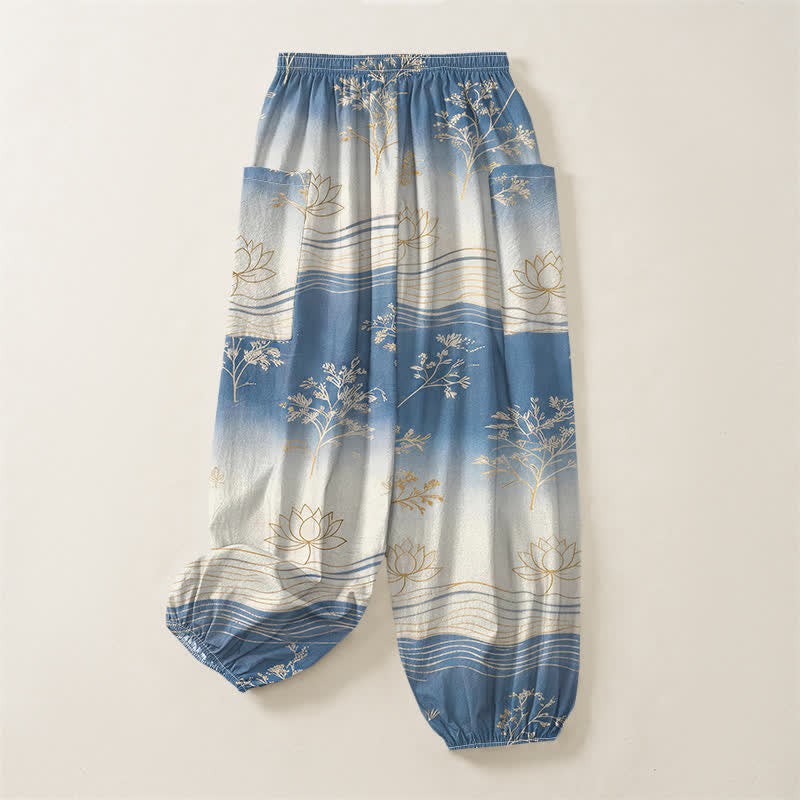 Buddha Stones Cotton Lotus Wave Pattern Women's Elastic Waist Harem Pants With Side Pockets - image 4