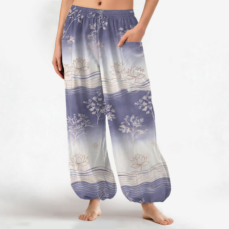 Buddha Stones Cotton Lotus Wave Pattern Women's Elastic Waist Harem Pants With Side Pockets - MediumPurple - US16，UK/AU20，EU48 (3XL) - image 7