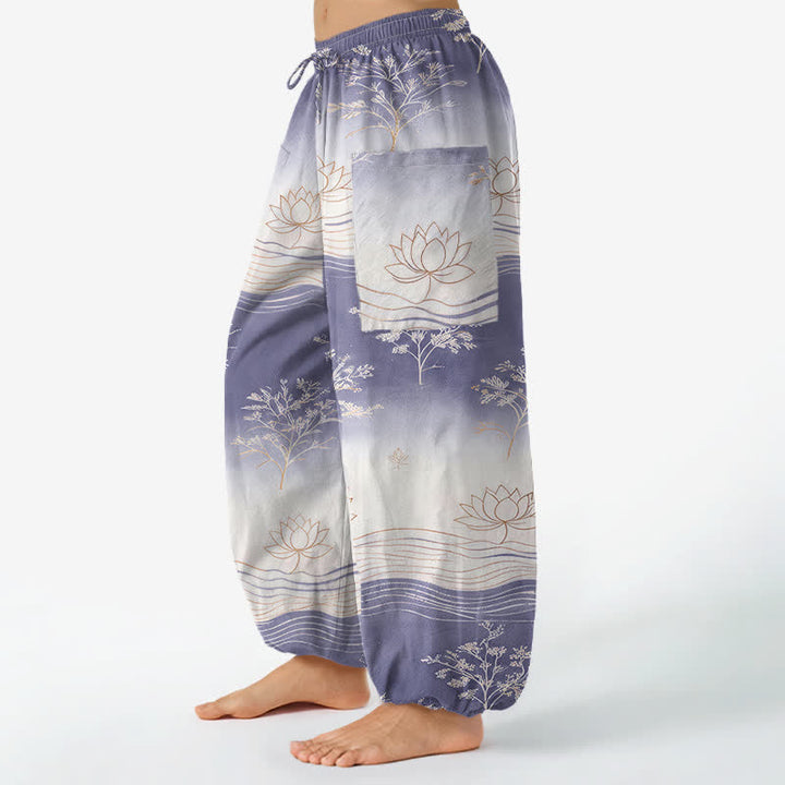 Buddha Stones Cotton Lotus Wave Pattern Women's Elastic Waist Harem Pants With Side Pockets - image 8