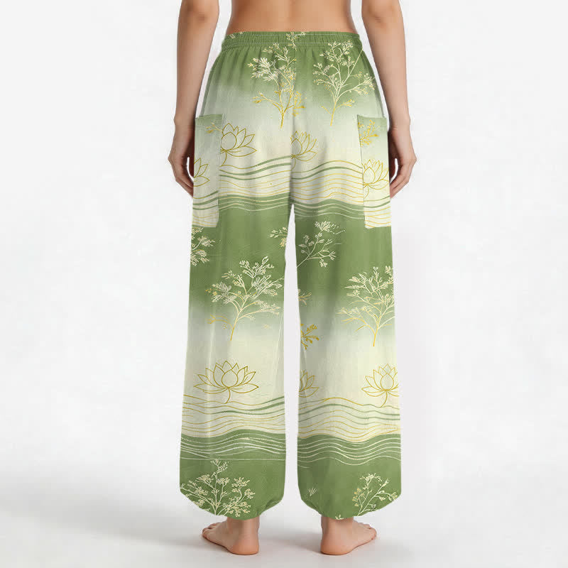 Buddha Stones Cotton Lotus Wave Pattern Women's Elastic Waist Harem Pants With Side Pockets - image 12