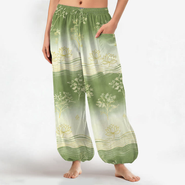 Buddha Stones Cotton Lotus Wave Pattern Women's Elastic Waist Harem Pants With Side Pockets - PaleGreen - US16，UK/AU20，EU48 (3XL) - image 10