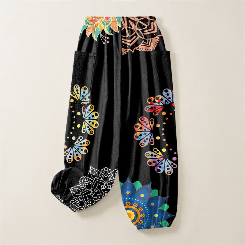Buddha Stones Cotton Mandala Lotus OM Pattern Women's Elastic Waist Harem Pants With Side Pockets - image 4