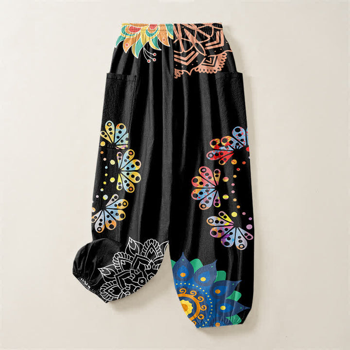Buddha Stones Cotton Mandala Lotus OM Pattern Women's Elastic Waist Harem Pants With Side Pockets - image 4