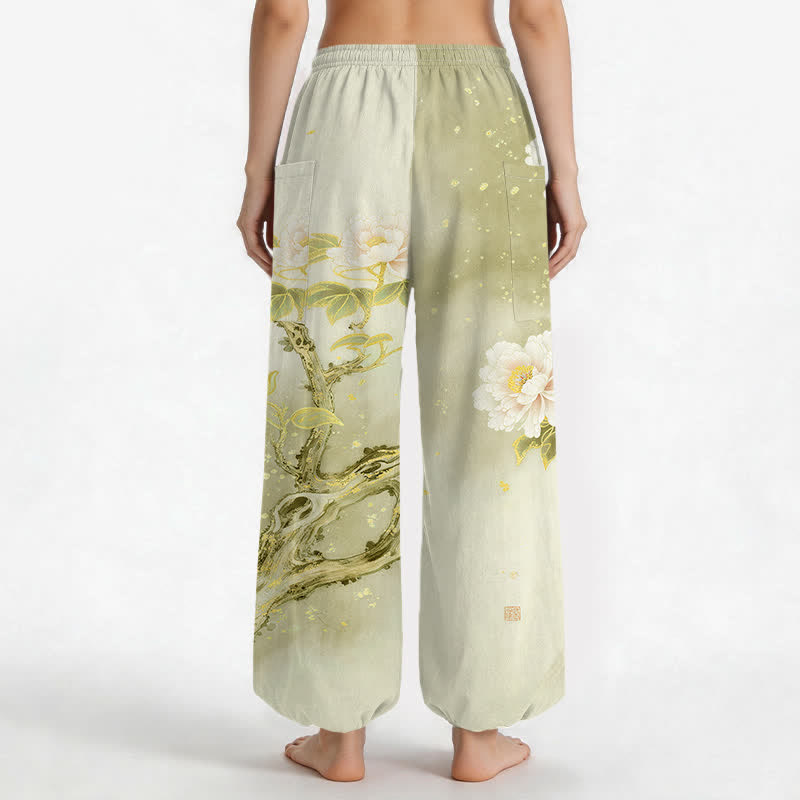 Buddha Stones Cotton Peony Bird Garden Pattern Women's Elastic Waist Harem Pants With Side Pockets - image 9