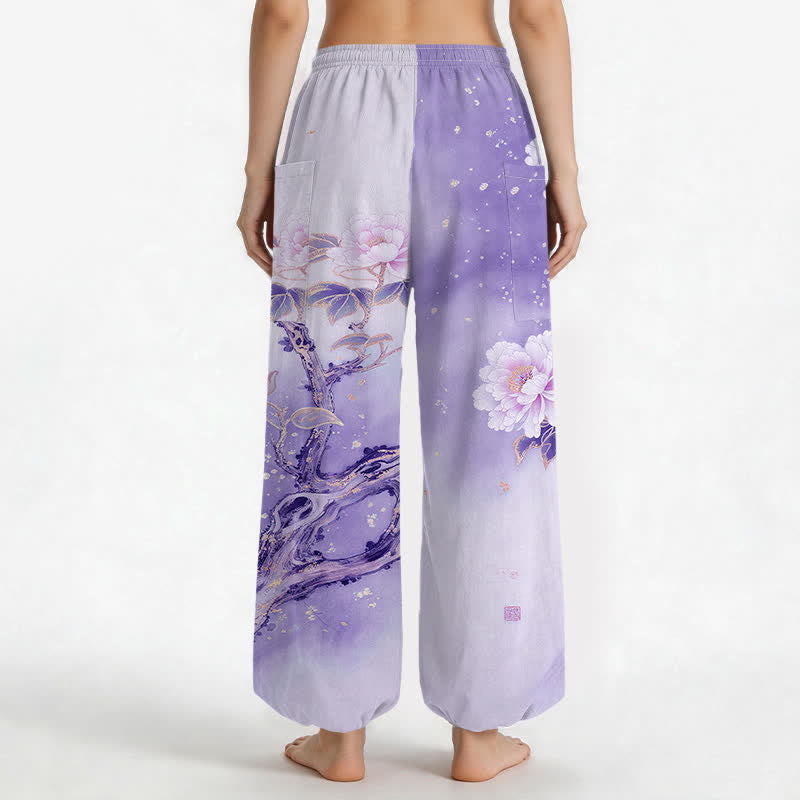 Buddha Stones Cotton Peony Bird Garden Pattern Women's Elastic Waist Harem Pants With Side Pockets - image 12