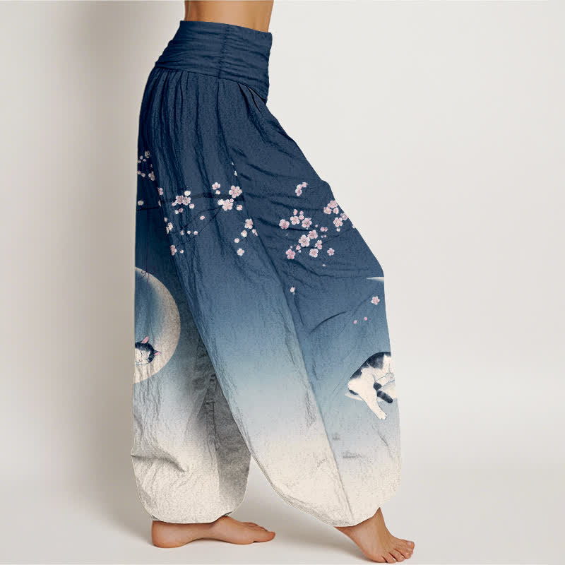 Buddha Stones Cotton Sakura Moon Cat Pattern Women's Elastic Waist Harem Pants - image 1