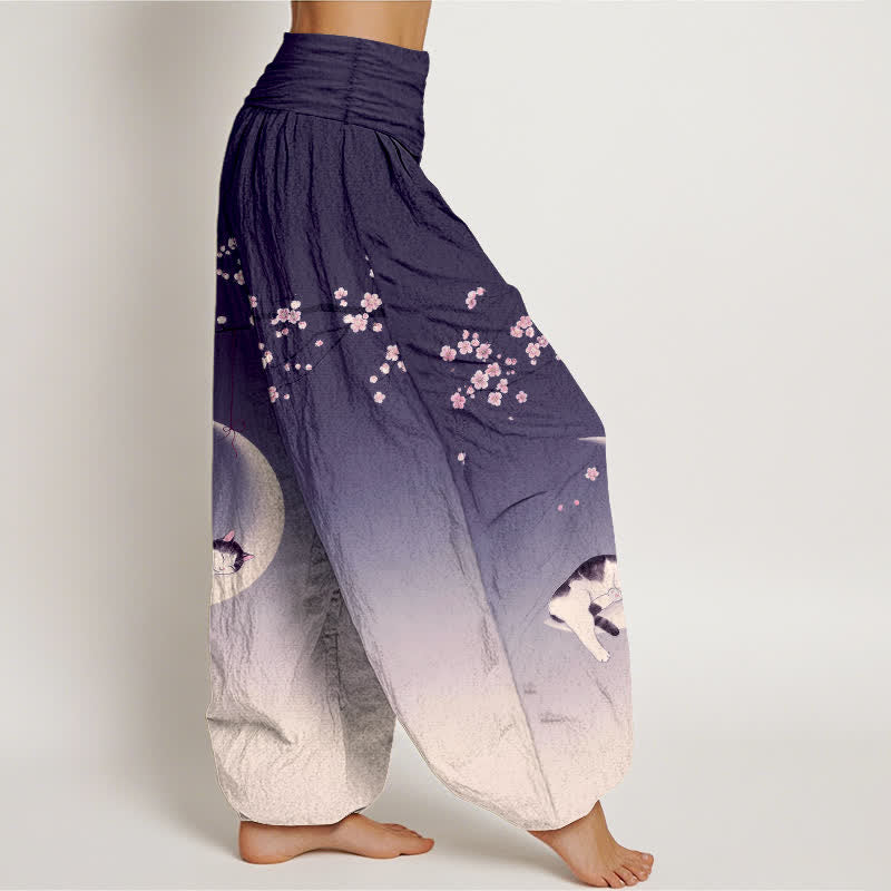 Buddha Stones Cotton Sakura Moon Cat Pattern Women's Elastic Waist Harem Pants - image 6