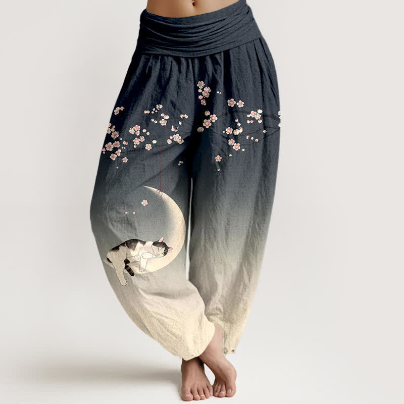 Buddha Stones Cotton Sakura Moon Cat Pattern Women's Elastic Waist Harem Pants - SlateGray - US16，UK/AU20，EU48 (3XL) - image 8
