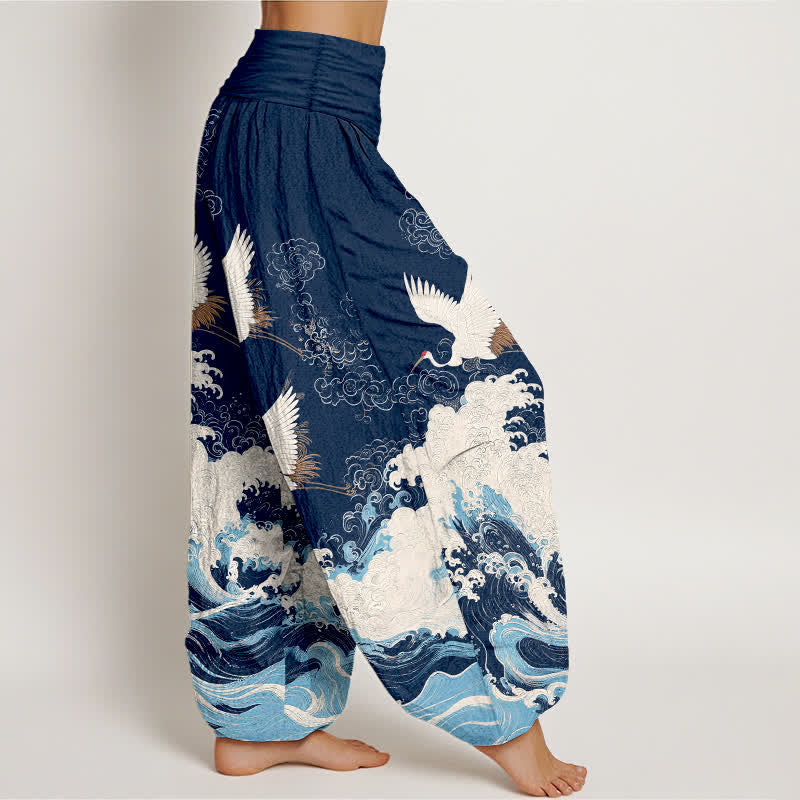 Buddha Stones Cotton Crane Cloud Wave Pattern Women's Elastic Waist Harem Pants - image 1