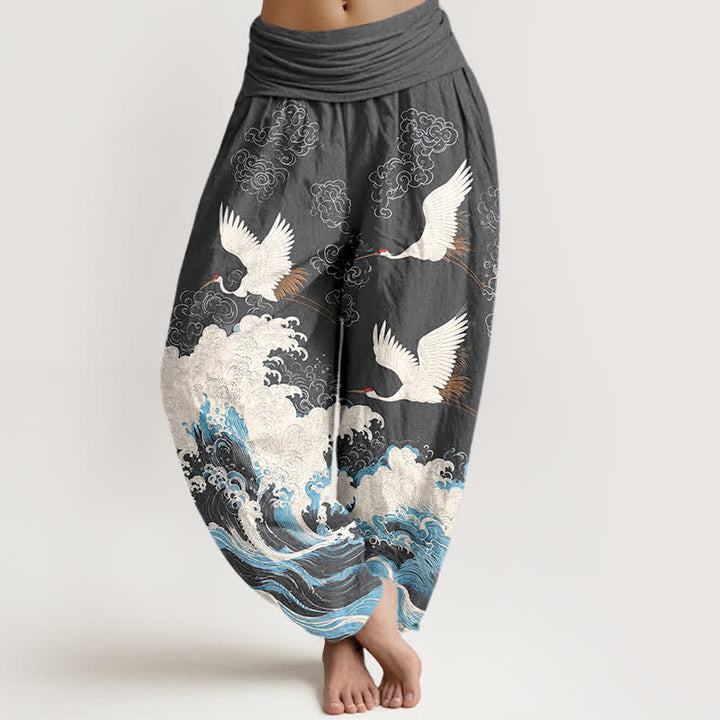 Buddha Stones Cotton Crane Cloud Wave Pattern Women's Elastic Waist Harem Pants - DimGray - US16，UK/AU20，EU48 (3XL) - image 8