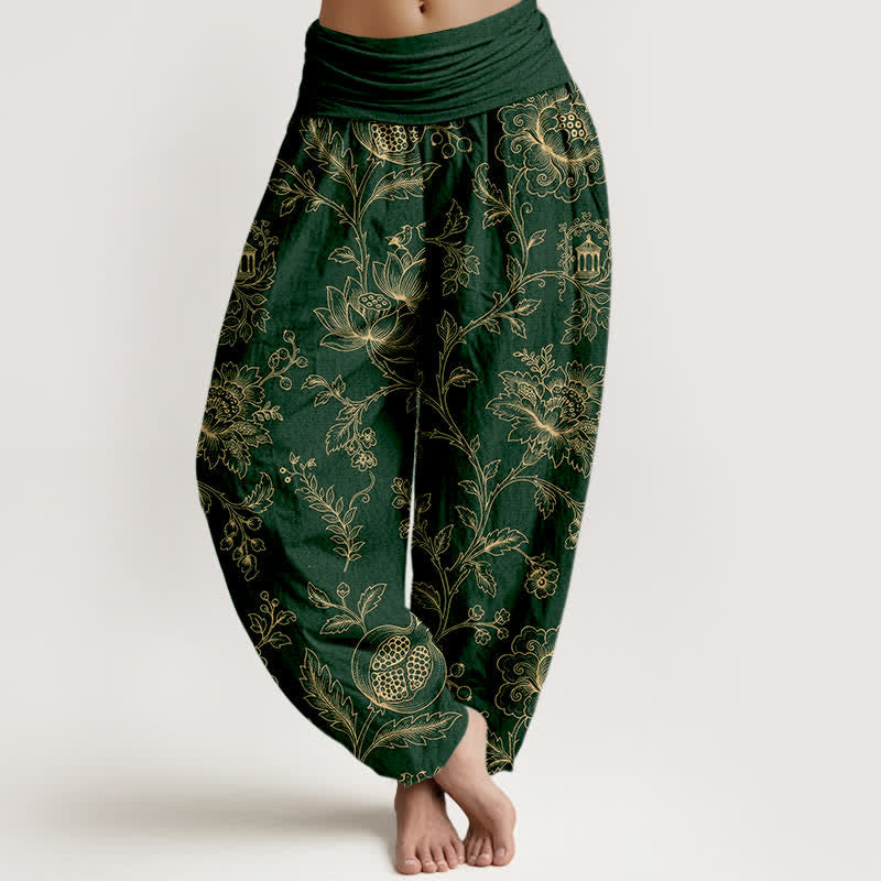 Buddha Stones Cotton Golden Floral Vine Pattern Women's Elastic Waist Harem Pants - DarkGreen - US16，UK/AU20，EU48 (3XL) - image 0