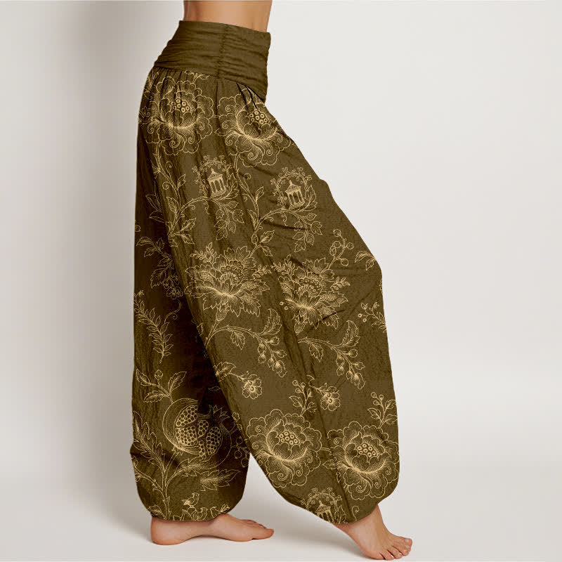 Buddha Stones Cotton Golden Floral Vine Pattern Women's Elastic Waist Harem Pants - image 6