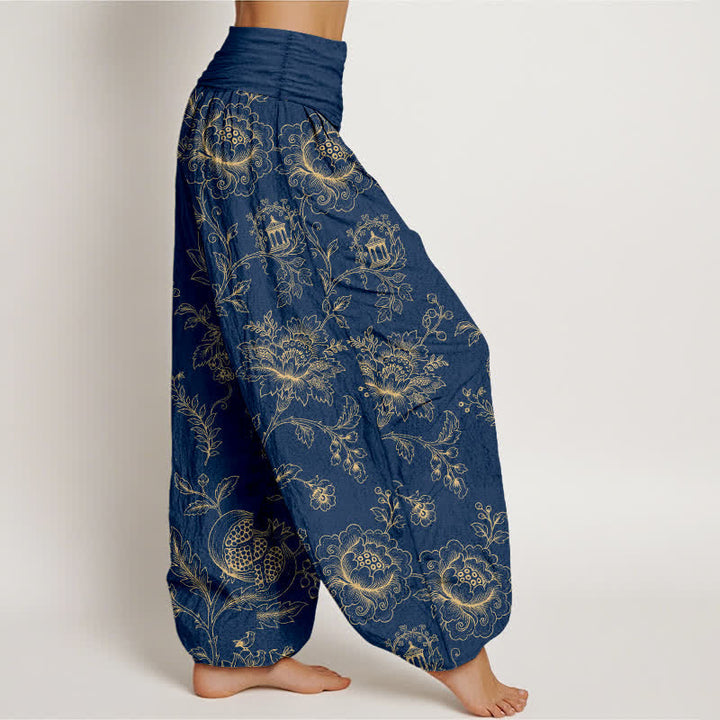 Buddha Stones Cotton Golden Floral Vine Pattern Women's Elastic Waist Harem Pants - image 9