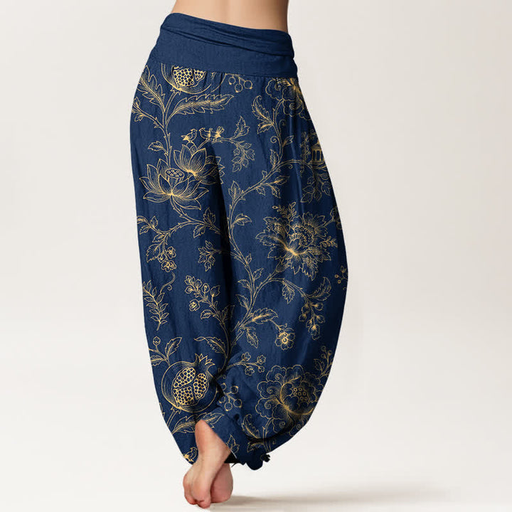 Buddha Stones Cotton Golden Floral Vine Pattern Women's Elastic Waist Harem Pants - image 10