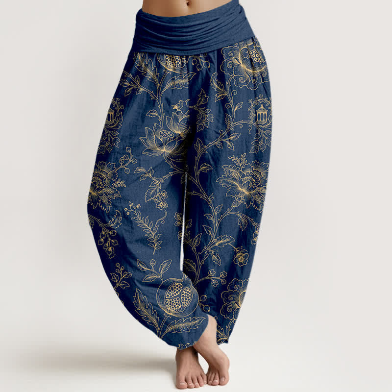 Buddha Stones Cotton Golden Floral Vine Pattern Women's Elastic Waist Harem Pants - Navy - US16，UK/AU20，EU48 (3XL) - image 8