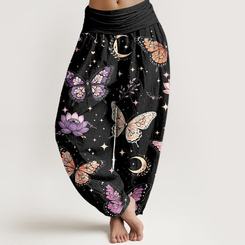 Buddha Stones Cotton Butterfly Moon Lotus Pattern Women's Elastic Waist Harem Pants - Black - US16，UK/AU20，EU48 (3XL) - image 0