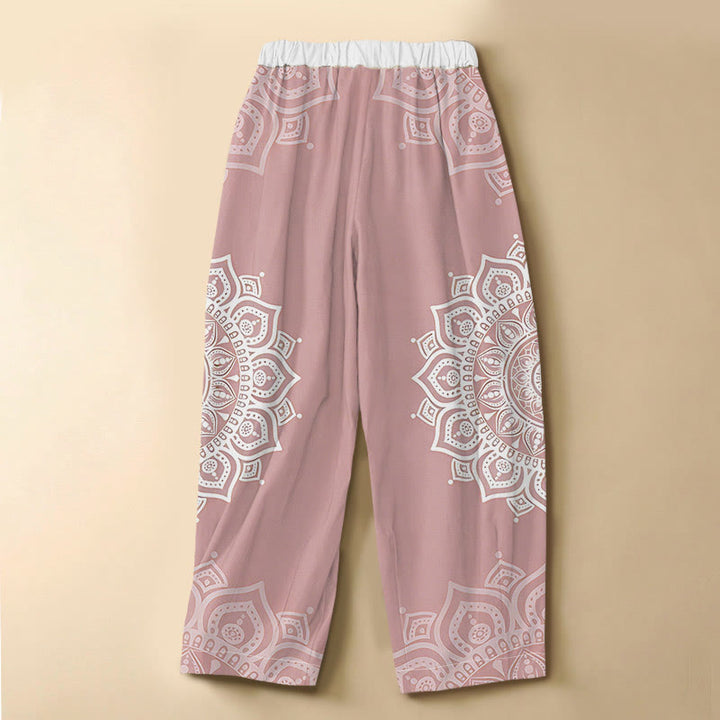 Buddha Stones Pure Cotton Bohemian White Mandala Pattern Frog Button Women's Elastic Waist Harem Pants With Pockets - image 6