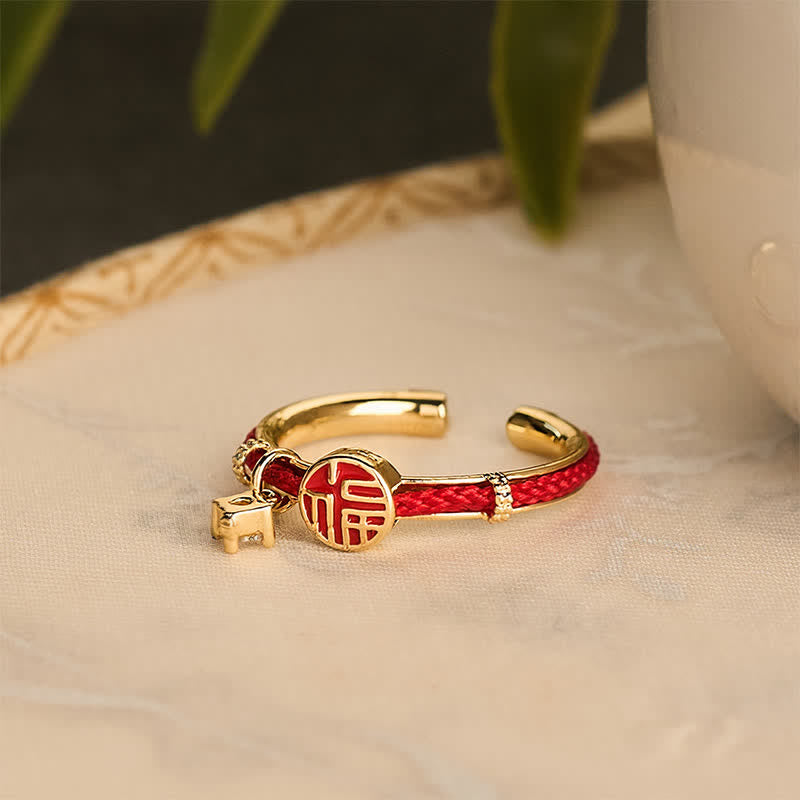 Buddha Stones Red String Round Fu Character Luck Open Ring - image 5