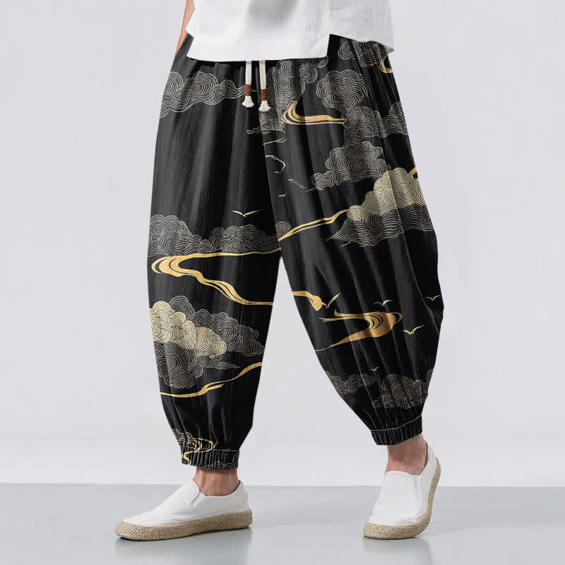 Buddha Stones Pure Cotton Golden Cloud Pattern Drawstring Men's Harem Pants With Pockets - Black - US/UK/AU50，EU60 (5XL) - image 0