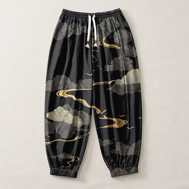 Buddha Stones Pure Cotton Golden Cloud Pattern Drawstring Men's Harem Pants With Pockets - image 1