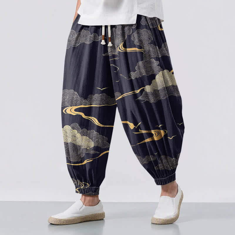 Buddha Stones Pure Cotton Golden Cloud Pattern Drawstring Men's Harem Pants With Pockets - Navy - US/UK/AU50，EU60 (5XL) - image 12