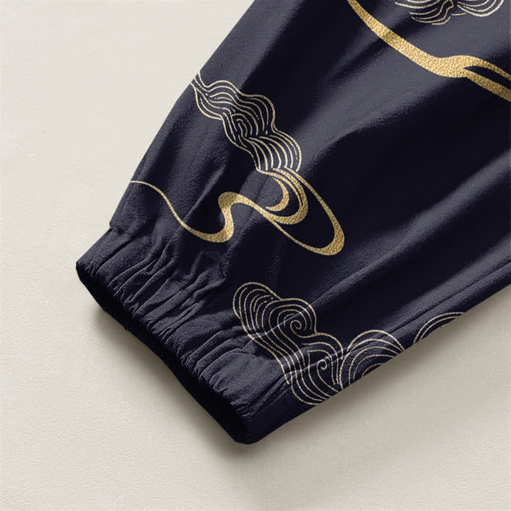 Buddha Stones Pure Cotton Golden Cloud Pattern Drawstring Men's Harem Pants With Pockets - image 16