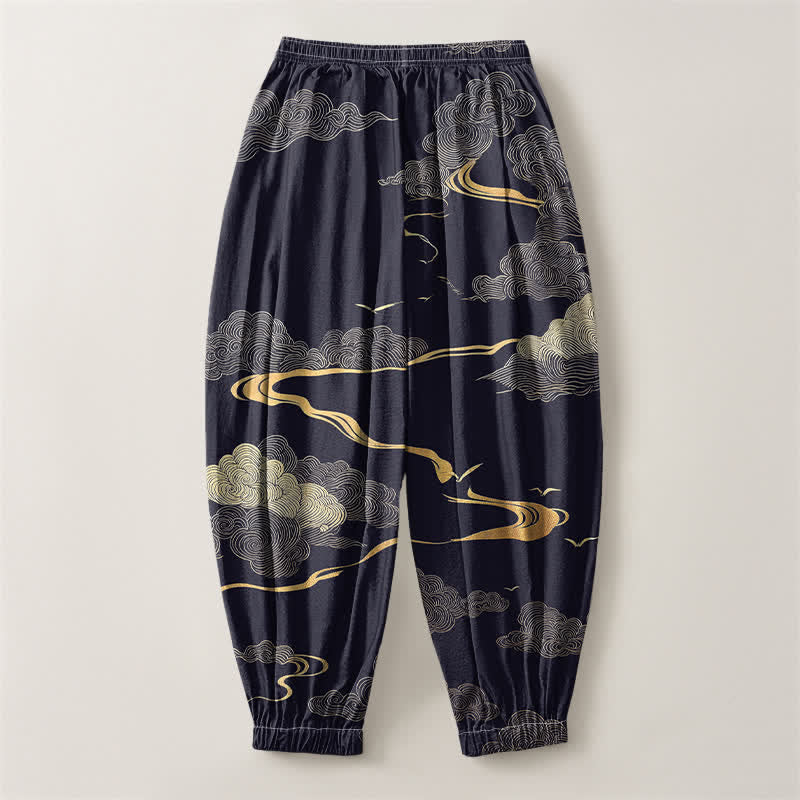Buddha Stones Pure Cotton Golden Cloud Pattern Drawstring Men's Harem Pants With Pockets - image 14