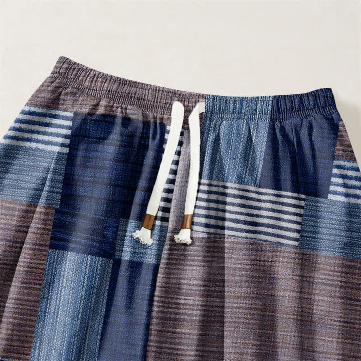 Buddha Stones Pure Cotton Patchwork Plaid Stripe Pattern Drawstring Men's Harem Pants With Pockets - image 9