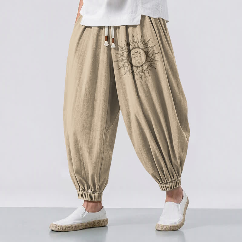 Buddha Stones Pure Cotton Sun Face Pattern Drawstring Men's Harem Pants With Pockets - BurlyWood - US/UK/AU50，EU60 (5XL) - image 0