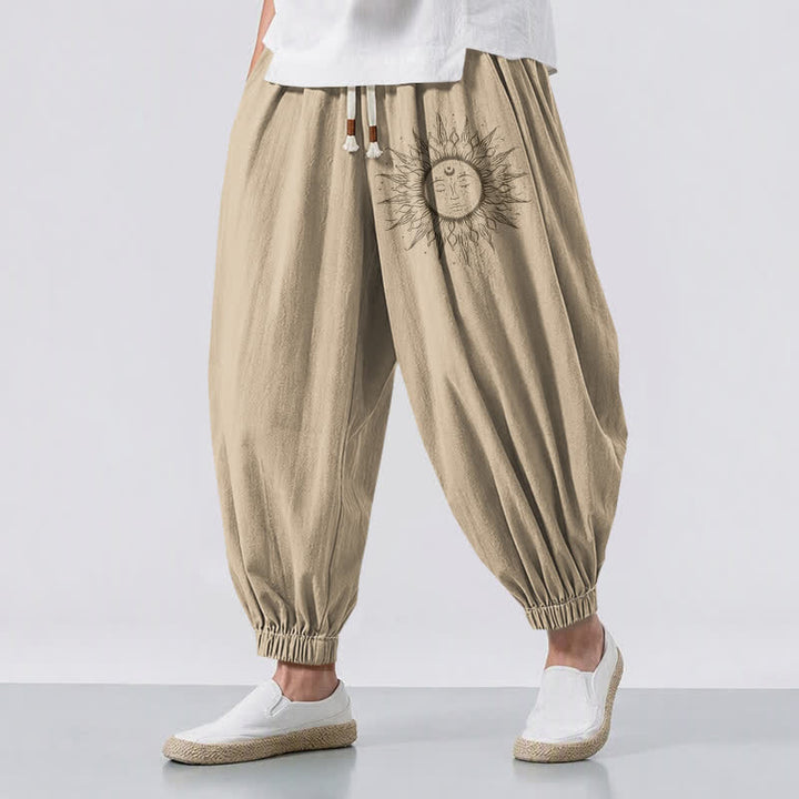 Buddha Stones Pure Cotton Sun Face Pattern Drawstring Men's Harem Pants With Pockets - BurlyWood - US/UK/AU50，EU60 (5XL) - image 0