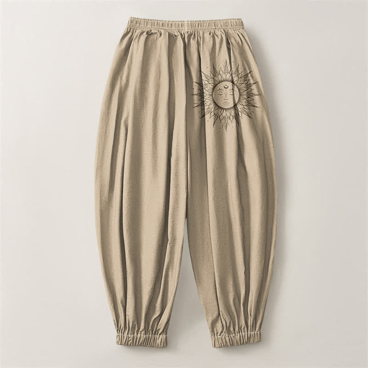 Buddha Stones Pure Cotton Sun Face Pattern Drawstring Men's Harem Pants With Pockets - image 2
