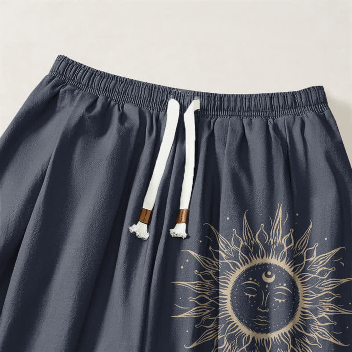 Buddha Stones Pure Cotton Sun Face Pattern Drawstring Men's Harem Pants With Pockets - image 9