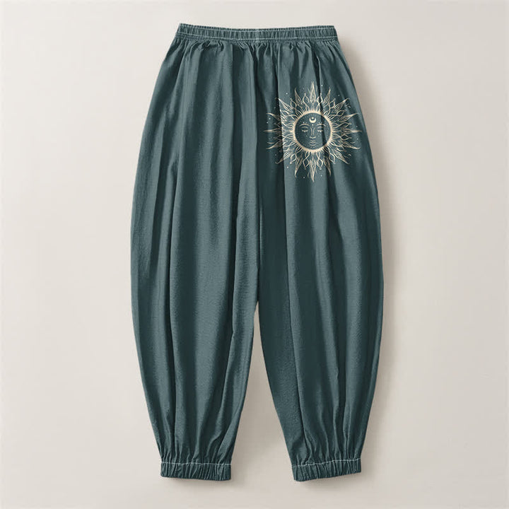 Buddha Stones Pure Cotton Sun Face Pattern Drawstring Men's Harem Pants With Pockets - image 14
