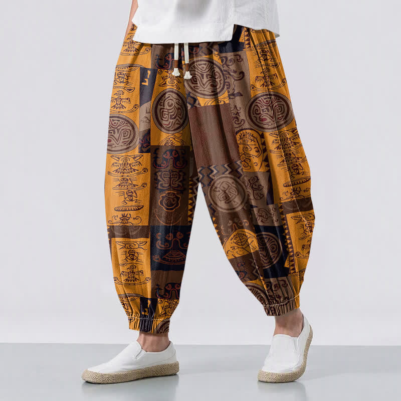 Buddha Stones Pure Cotton Tribal Medallion Patchwork Pattern Drawstring Men's Harem Pants With Pockets - SaddleBrown - US/UK/AU50，EU60 (5XL) - image 12