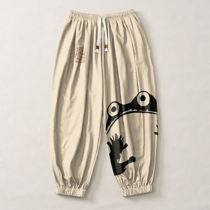 Buddha Stones Pure Cotton Playful Frog Pattern Drawstring Men's Harem Pants With Pockets - image 1